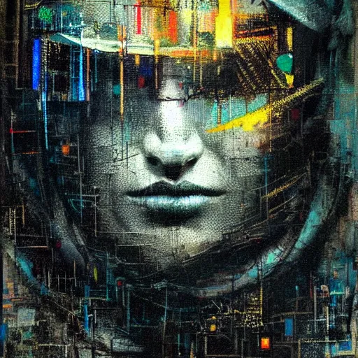 Prompt: portrait of a hooded character wearing a cyberpunk visor, mysterious, shadows, by Guy Denning, by Johannes Itten, by Russ Mills, glitch art, hacking effects, chromatic, color blocking, oil on canvas, concept art, abstract