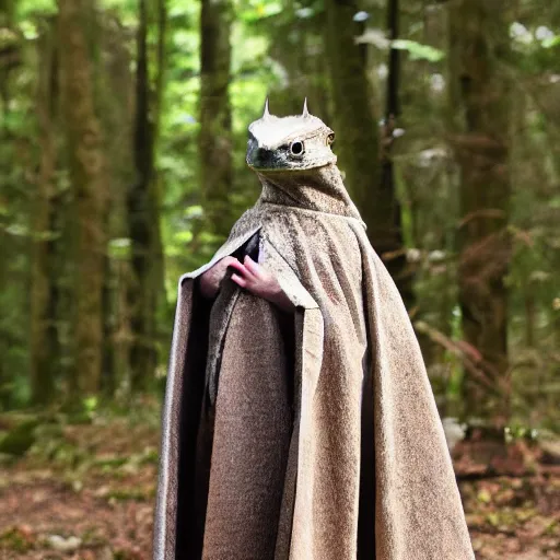 Prompt: medieval cloak wearing anthro lizard, photograph captured in the woods