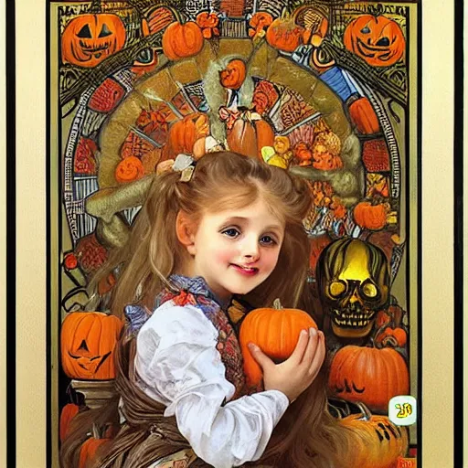 Image similar to a happy little girl with long straight golden blonde hair sitting amidst halloween decor, skulls and pumpkins. beautiful highly detailed face, beautiful painting by alphonse mucha