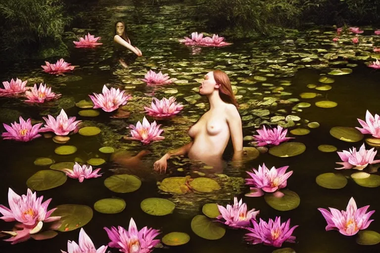 Image similar to hyperrealistic cinematic photograph of a woman's face floating in a pond, surrounded by a forrest of lillies, deep focus, intricate, elegant, highly detailed, matte, sharp focus, photography by bill henson and gregory crewdson and james jean