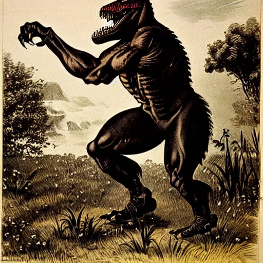 Prompt: antique lithograph from 1 9 0 0 of mr t as. tyrannosaurus rex hunting in a field