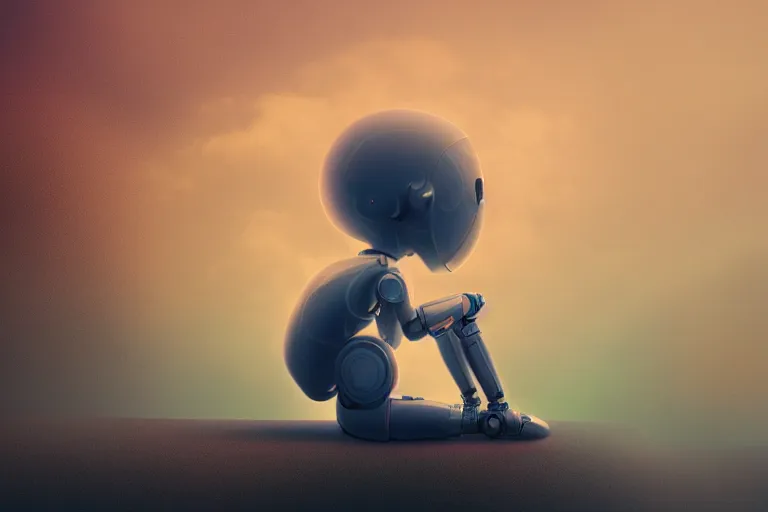 Image similar to a cute robot girl sitting on a cloud relaxing, misty, digital art, hazy, foggy, red lighting, ambient lighting, 8 k,