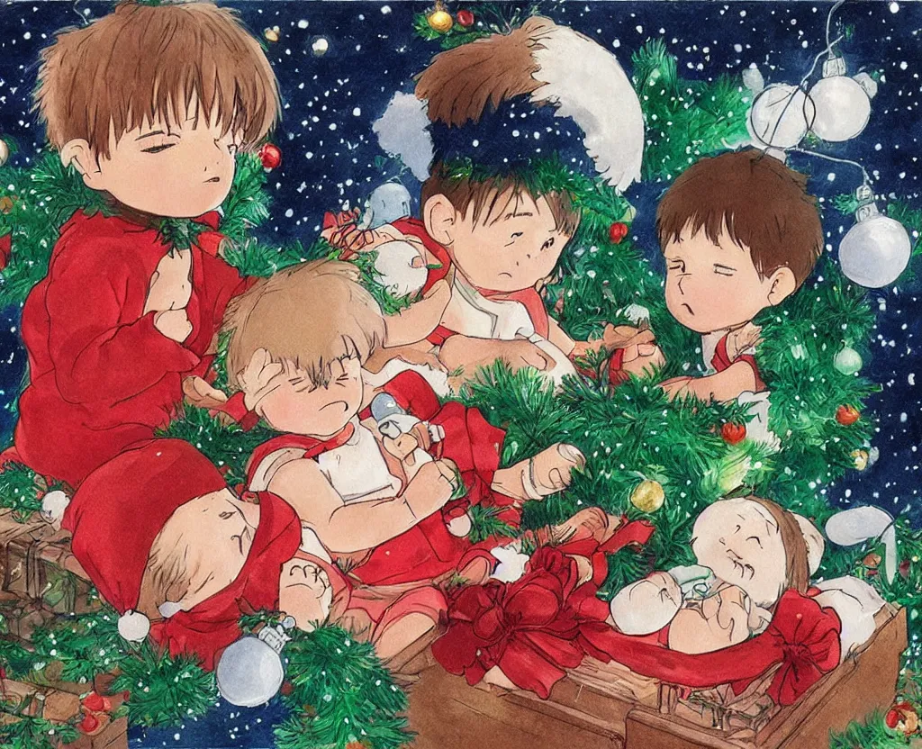 Prompt: Two twin babies in a gift box, christmas lights, very detailed, art by Studio Ghibli