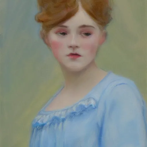 Image similar to portrait painting of a young lady in a light blue dress 1 9 0 0 s entire face shown in great detail, looking at the camera, full body in camera, blonde hair, garden, photorealistic, extreme detail, sharp focus, 8 k, intricate, hyper detailed, realistic, cinematic lighting