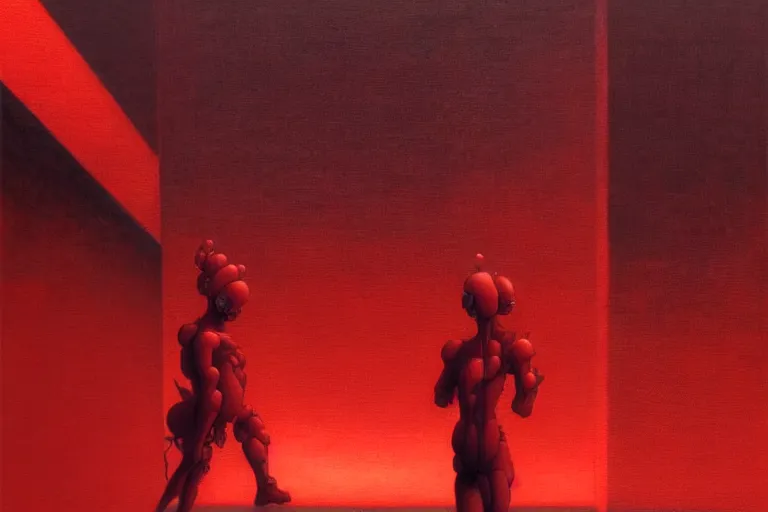 Image similar to only with red, a red samurai humanoid, tokio futuristic in background, some evil yokai, in the style of beksinski, parts by edward hopper, parts by rodcenko, parts by yue minjun, intricate and epic composition, red by caravaggio, insanely quality, highly detailed, masterpiece, red light, artstation, 4 k