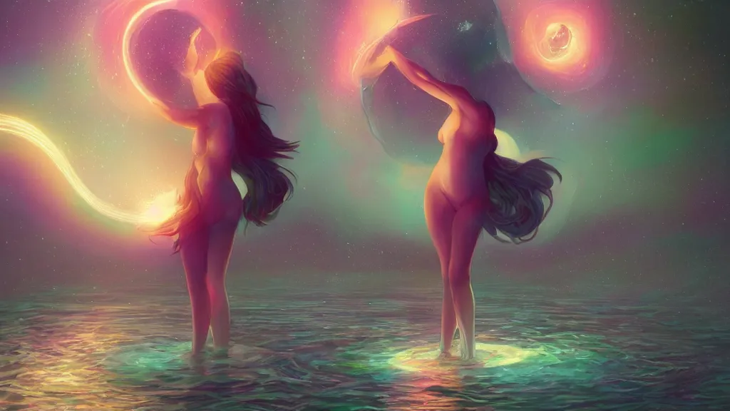 Image similar to one beautiful whimsical goddess standing in a lake basking in the moonlight, underneath a multi-colored binary blackhole with an accretion disc, glowing trails following her arms, by Lois van Baarle, by Greg Rutkowski, by artgerm, by beeple, by studio ghibli, cinematic angle, volumetric lighting, 4k resolution, octane render, trending on artstation, masterpiece