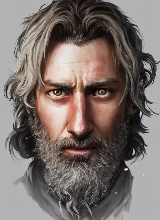 Prompt: 35 year old paladin missing an eye, Glowing white eye, shaggy hair, sad, scruffy beard, dungeons and dragons portrait, highly detailed, realistic body, digital painting, artstation, concept art, sharp focus, illustration, art by artgerm and greg rutkowski and alphonse mucha, Unreal Engine, 8k, HD