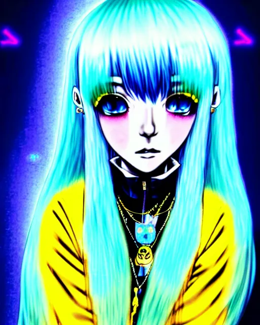 Prompt: a hologram of rimuru tempest, sky blue hair, golden yellow eyes, wearing black stylish clothing, holography, irridescent, baroque rococo visual kei decora art