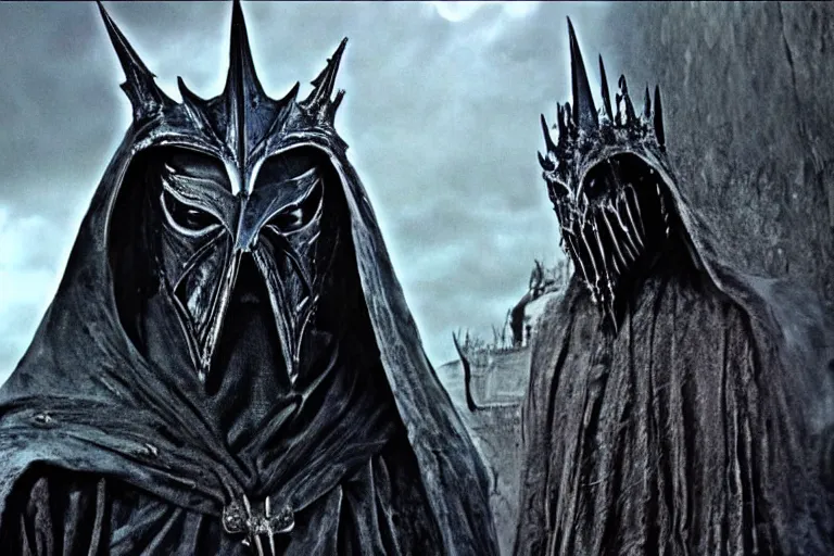 Image similar to the witch king of angmar in the style of h. r. giger, photorealistic movie still from the lord of the rings directed by ridley scott, battle in the background, cinematic