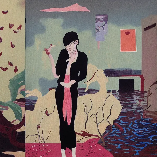 Prompt: tall female emo artist in their flooded apartment, painting of flood waters inside an artist's home, a river flooding indoors, pomegranates, pigs, ikebana, zen, water, octopus, river, rapids, waterfall, black swans, canoe, berries, acrylic on canvas, surrealist, by magritte and monet