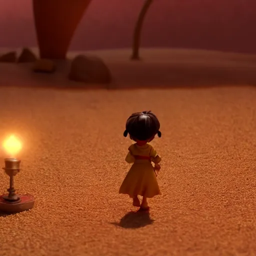 Image similar to aladdin's genius of the lamp as nendoroid walking in a desert in the croods movie style, anime, disney, pixar, 8 k, hd, dof, kodak film, volumetric lighting, subsurface scattering, photorealistic, octane render, details