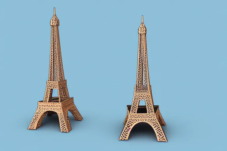 Image similar to 3d render of a small Eiffel Tower model made of Swiss cheese, blue background, soft lighting