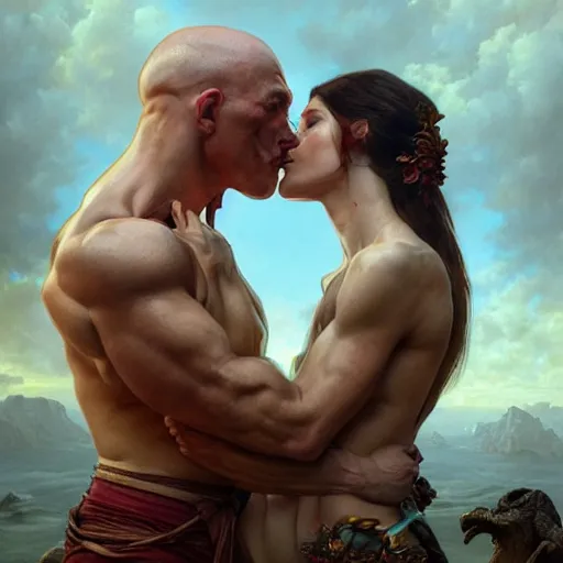 Image similar to portrait painting of muscular couple kissing, ultra realistic, concept art, intricate details, eerie, highly detailed, photorealistic, octane render, 8 k, unreal engine. art by artgerm and greg rutkowski and alphonse mucha