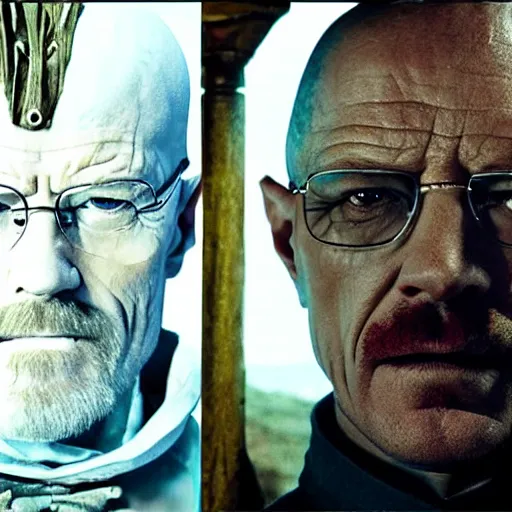 Image similar to walter white and gustavo fring dress like knights from game of thrones, fighting with swords, cinematic, highly - detailed, 8 k, hbo, game of thrones, realistic