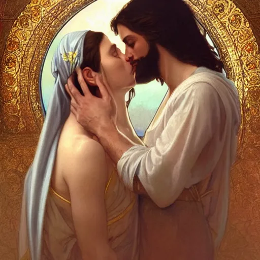 Image similar to jesus kissing a maria maddalena, intricate, elegant, highly detailed, digital painting, artstation, concept art, matte, sharp focus, illustration, art by artgerm and greg rutkowski and alphonse mucha