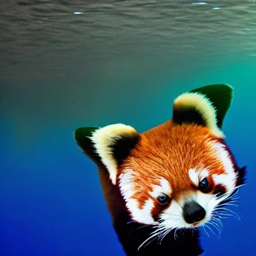 Prompt: dark footage of a red panda walking around the bottom of the ocean