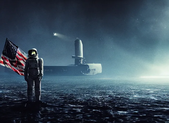 Image similar to astronaut holding a flag in an underwater desert. a submarine is visible in the distance. dark, concept art, cinematic, dramatic, atmospheric, 8 k, trending on artstation, blue, fish, low visibility, fog, ocean floor, christopher nolan, interstellar