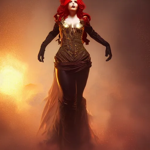 Prompt: redhead vampire sorceress, perfect face, gold shirt, cinematic, stunning, highly detailed, digital painting, artstation, smooth, hard focus, illustration, art by artgerm and greg rutkowski and alphonse mucha, volumetric lighting, octane render, 4 k resolution, trending on artstation, masterpiece