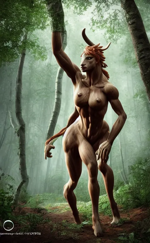 Image similar to photograph of a female centaur in a birch forest, huge detailed muscles in jeff koons hip hop bauhaus style, beautiful detailed face, ultra realistic, concept art, intricate details, serious, highly detailed, photorealistic, octane render, 8 k, unreal engine, natural light, art by todd mcfarlane