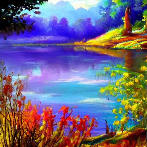 Image similar to lakeside, dreamlike, bright colors, fantasy,