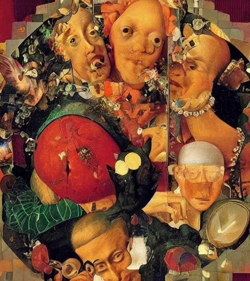 Image similar to an oil painting by arcimboldo, by fra angelico, by botticelli, by norman rockwell, by georgia o keeffe seen through a kaleidoscope, detailed, high resolution, scratches,