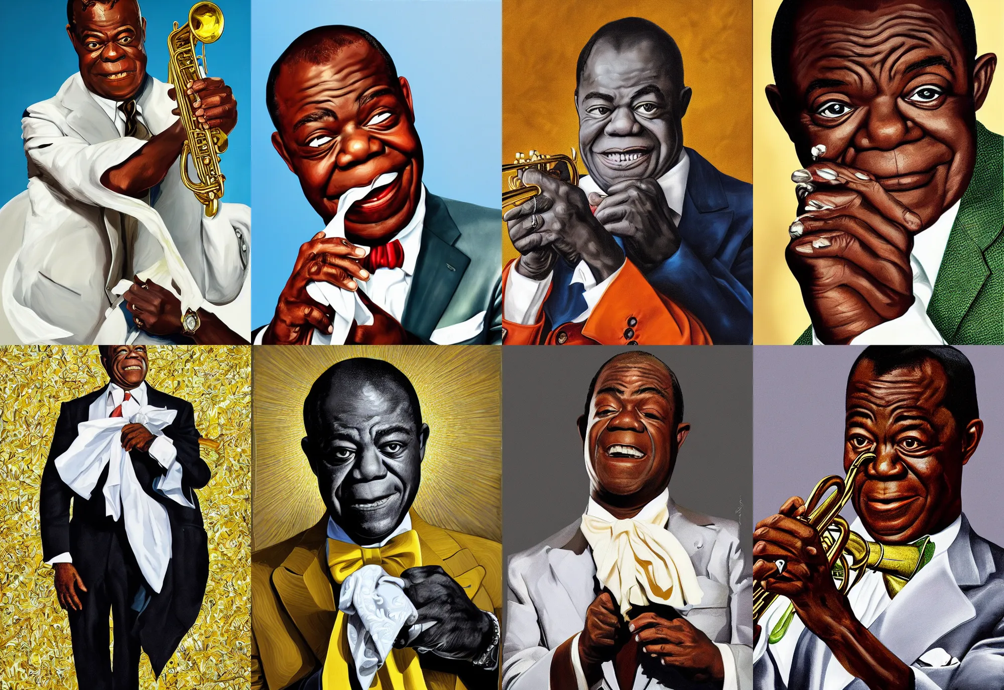 Image similar to a portrait of louis armstrong holding a white handkerchief, by kehinde wiley, dramatic lighting, highly detailed digital painting