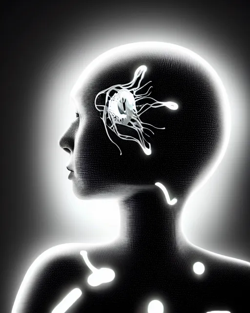Image similar to black and white young female-cyborg-human-jellyfish-plant high quality photo, microchip, artificial intelligence, bio-mechanical bio-luminescence, black wired cables, neurons, nerve cells, octane render, cinematic, rim light, hyper realism, photo-realistic, high detail, 8k, masterpiece, high fashion, in the style of Dora Maar