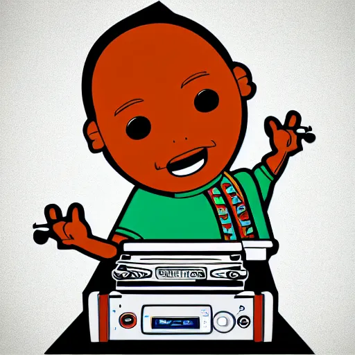 Image similar to svg sticker of a Dancing-Cleveland Brown, at a rave, spinning records, giant headphones rocking out, wearing headphones, huge speakers, dancing, rave, DJ, spinning records, digital art, amazing composition, rule-of-thirds, award-winning, trending on artstation, featured on deviantart