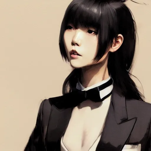 Image similar to portrait of a beautiful korean girl wearing a men's tuxedo, with bangs, very long hair and bangs, angular features, angry expression, dramatic lighting, illustration by Greg rutkowski, yoji shinkawa, 4k, digital art, concept art, trending on artstation