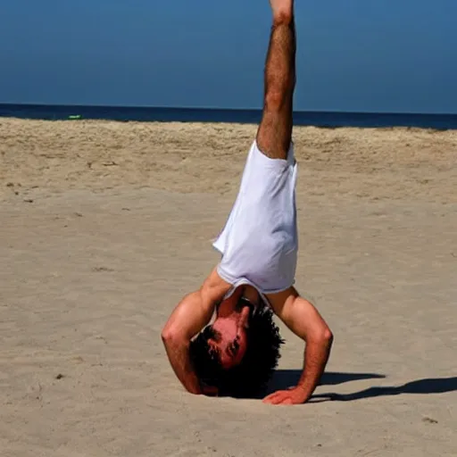 Image similar to benjamin netanyahu doing a headstand at the beach, rich colors, warm, summer