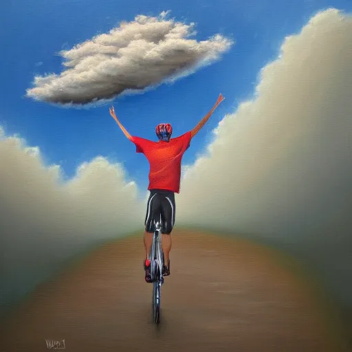 Image similar to A man riding his bicycle through the clouds in the sky, evokes feelings of wonder and amazement, an expressive oil painting by Wes Wilson