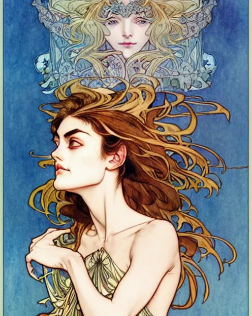 Image similar to in the style of artgerm, arthur rackham, alphonse mucha, phoebe tonkin, symmetrical eyes, symmetrical face, flowing blue skirt, full entire body, hair blowing, intricate filagree, hidden hands, warm colors, cool offset colors