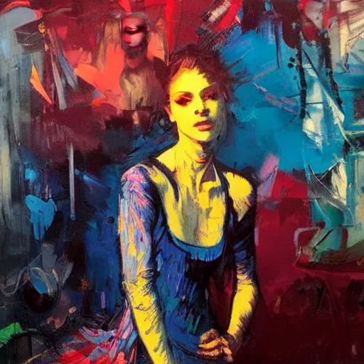 Image similar to portrait of beautiful girl sensual dancing, ecstatic, wonderful techno party, shades of blue, utopia, by by greg rutkowski, by jeremy mann, by francoise nielly, by vincent van gogh