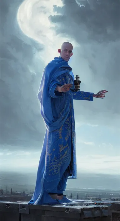 Image similar to full length portrait of a catholic robot machine monk with piercing blue eyes, on stage, dramatic light, gorgeous view, depth, high detail, digital art, painted by greg rutkowski and vogue, trending on artstation