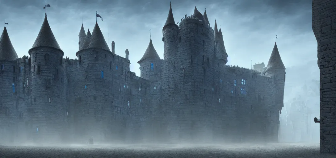 Image similar to A digital concept art painting of a dark blue medieval european ghotic castle with black brick in desert, 4K UHD image, unreal engine