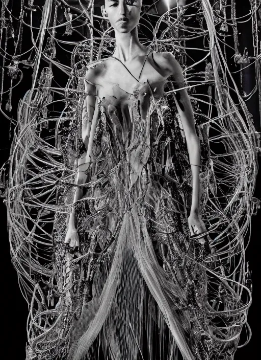 Image similar to walking down the catwalk, ben watts, show, stage, vogue photo, podium, fashion show photo, historical baroque dress dark, iris van herpen, beautiful woman, masterpiece, intricate, biopunk, vogue, full body shot, alien, plant predator, guyver, wires, veins, jellyfish, white biomechanical details, highly detailed