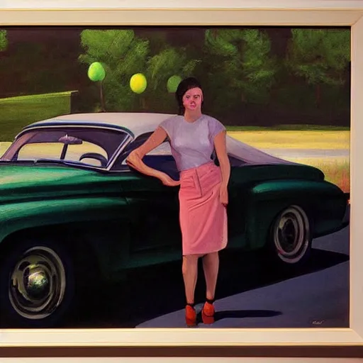 Image similar to Portrait with car, dated a woman that lived on Cooterneck Road, She had a catfish Camero and was cooler than me, by Edward Hopper and Bo Bartlett