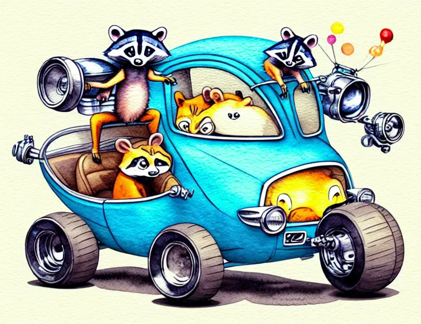 Image similar to cute and funny, racoon riding in a tiny hot rod with oversized engine, stickshift, ratfink style by ed roth, centered award winning watercolor pen illustration, isometric illustration by chihiro iwasaki, edited by range murata, tiny details by artgerm and watercolor girl, symmetrically isometrically centered