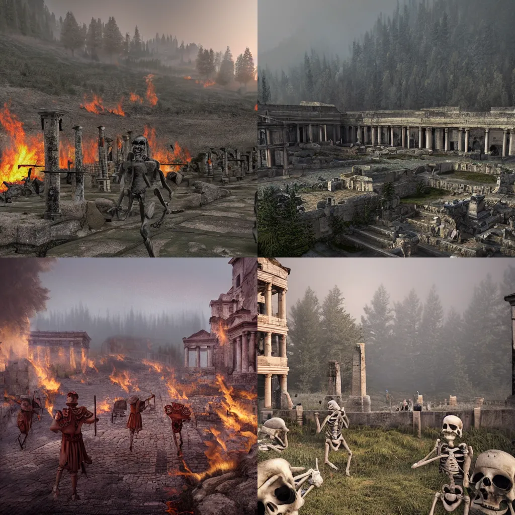 Prompt: ancient burning roman city on top of a misty mountain, grey forest in the background, armed skeletons in the foreground!!!, ultra realistic, high detail, color rich, realistic colors, wide angle, unreal engine,