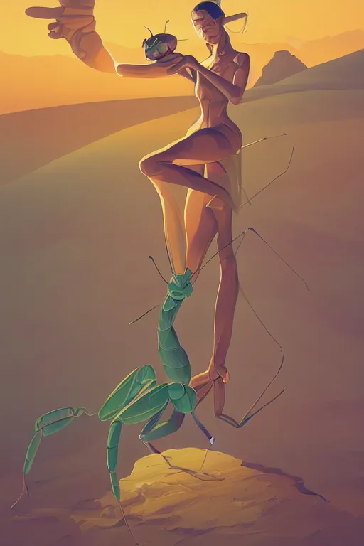 Prompt: preying mantis, desert scene, centered, solid bacgkround, median photoshop filter cutout vector behance, hd by artgerm, jesper ejsing, by rhads, makoto shinkai and lois van baarle, ilya kuvshinov, rossdraws, illustration, art by ilya kuvshinov and gustav klimt