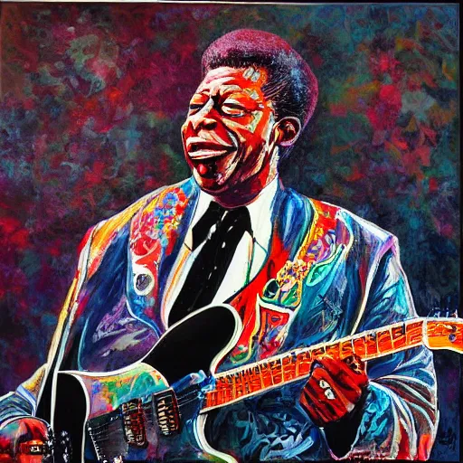 Image similar to portrait of bb king with buddy guy, joyful, highly detailed painting by stephen bliss, boxart, 8 k