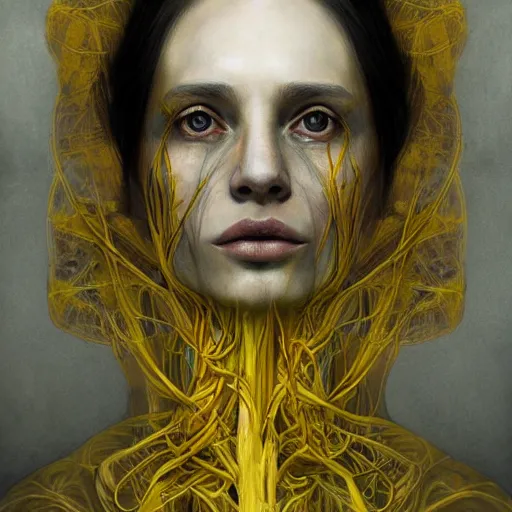 Prompt: masterpiece portrait woman, bones and veins, yellow, marco mazzoni, zdzislaw beksinksi