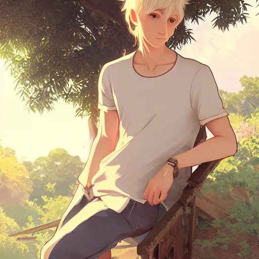 Image similar to young man with short, ash blond greyish hair, light brown eyes, casual clothes, relaxing, happy, path traced, highly detailed, high quality, digital painting, by studio ghibli and alphonse mucha, sylvain sarrailh, beautiful details