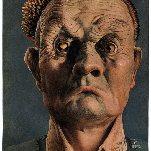 Image similar to pine cone headed man with hard black eyes very surprised, rule of thirds, super sharp, 4 k, ultra detailed, norman rockwell, richard corben.