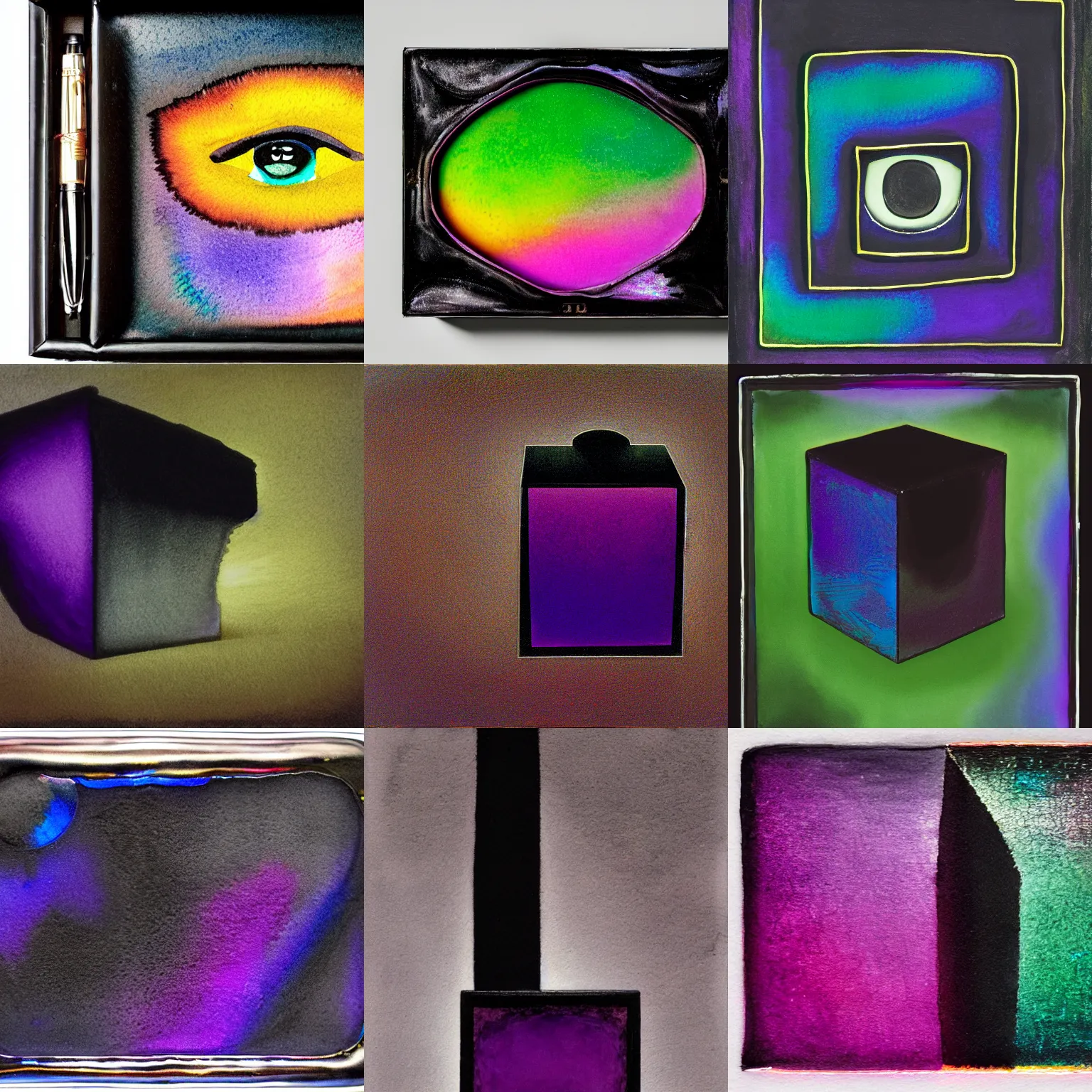 Prompt: a watercolour pen light of a black iridescent box with an eye, vivid, painterly, ethereal, chiaroscuro, thick brushstrokes, ominous by alberto burri, tachisme, purple, black, iridescence colors, iridescent neon, gradient