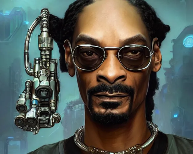 Image similar to man snoop dogg with cyberpunk implants, deep focus, d & d, fantasy, intricate, elegant, highly detailed, digital painting, artstation, concept art, matte, sharp focus, illustration, hearthstone, art by artgerm and greg rutkowski and alphonse mucha