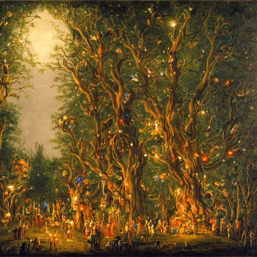 Image similar to a night carnival around a magical tree cavity, with a surreal orange moonlight and fireworks in the background, next to a lake with iridiscent water, christmas lights, folklore animals and people disguised as fantastic creatures in a magical forest by summer night, masterpiece painted by joseph von fuhrich, dark night environment