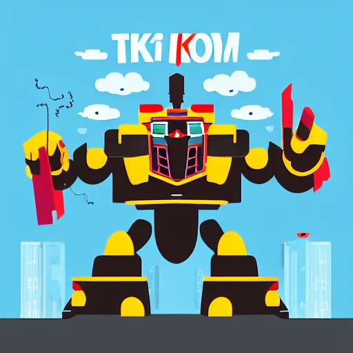 Prompt: giant samurai robot fighting a kaiju over tokyo city modern flat design style illustration with line elements