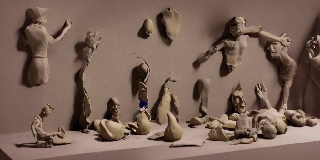 Prompt: plasticine sculpture stop motion. salvador dali clay models. gallery paintings of flowers. visitors. room with a small hole in wall. john craxton. high detail. photorealistic