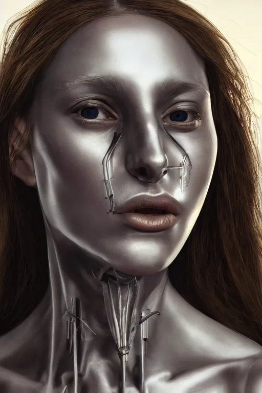 Prompt: hyperrealism close-up portrait of beautiful young medieval biomechanic female, beautiful cheekbones, metal giger background , pale skin, in style of classicism